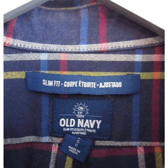 Old Navy Slim Fit Navy Plaid Button Up Shirt Sz L - Picture 3 of 4
